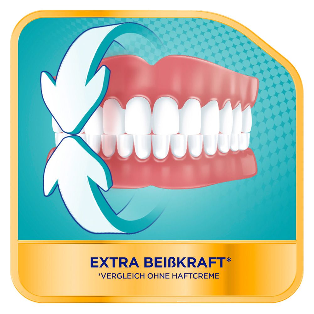 Zahnprothesen mit Pfeilen, die in entgegengesetzte Richtungen zeigen. Text: Extra Beißkraft.