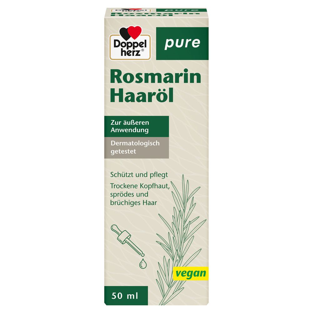 Karton für Doppelherz Rosmarin Haaröl. Enthält Produktname, Logo, Anwendungsbereich, dermatologische Testung und vegan-Siegel.