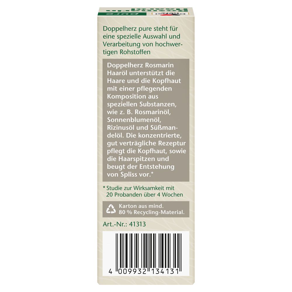 Rückseite der Doppelherz Rosmarin Haaröl Verpackung. Text über Inhaltsstoffe und Recycling-Informationen.