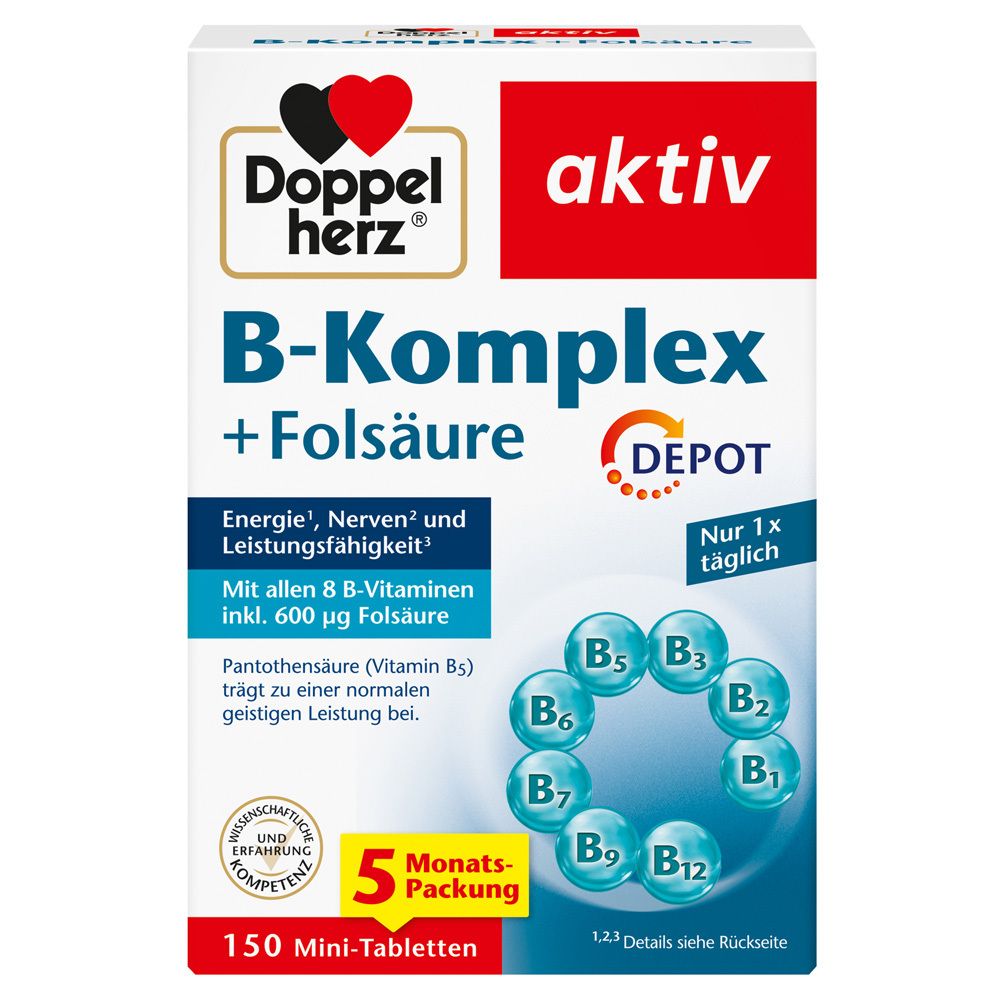 Verpackung von Tabletten. Enthält B-Komplex + Folsäure. 150 Mini-Tabletten. Mit 8 B-Vitaminen. Depot-Funktion. 5-Monats-Packung.