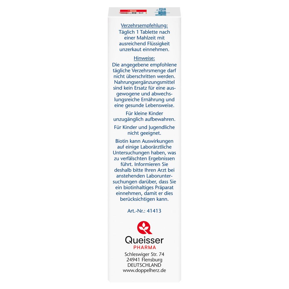 Seitenansicht der Tablettenverpackung. Enthält Informationen zur Einnahme, Warnhinweise und Kontaktinformationen. Art.-Nr.: 41413.