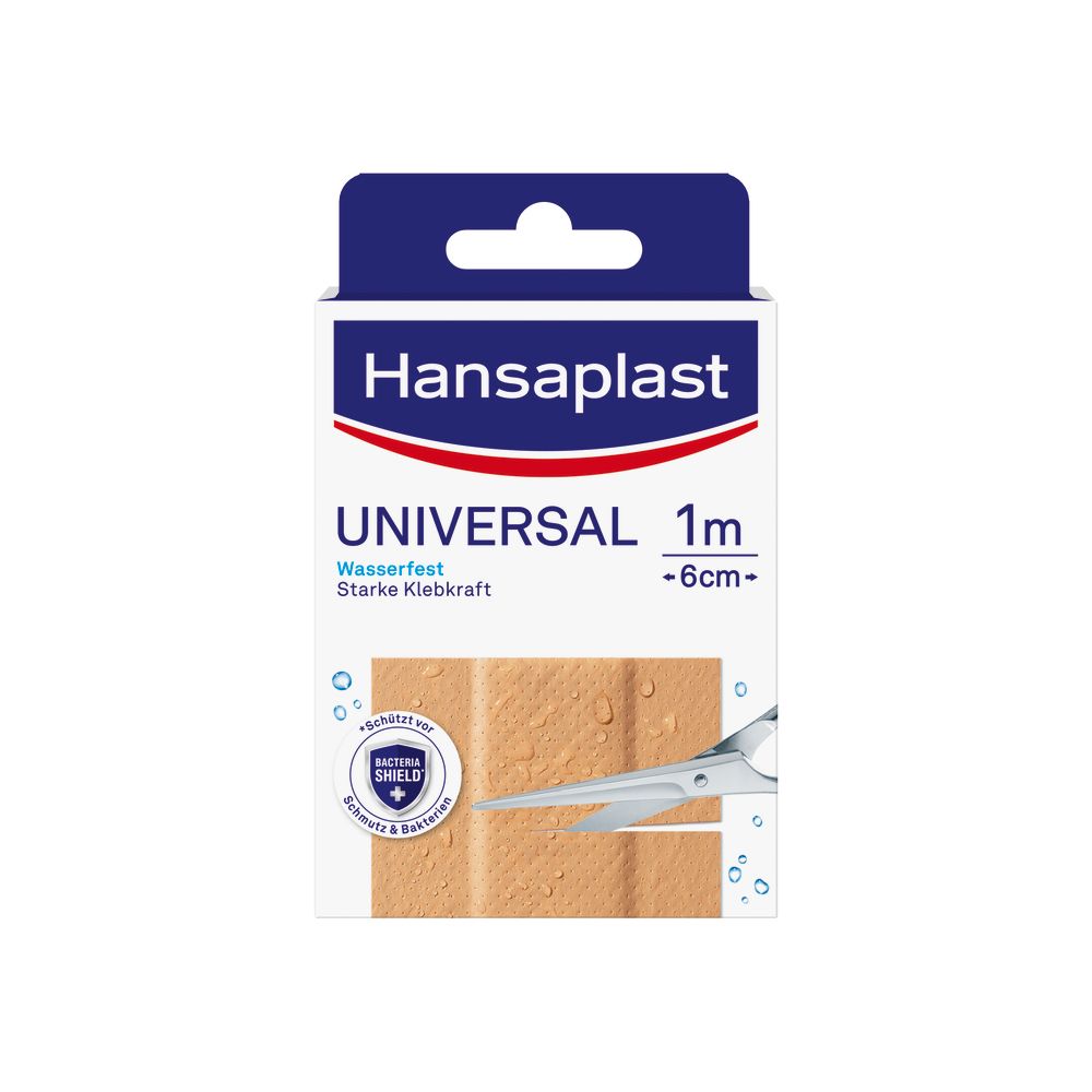 Hansaplast Universal Pflaster-Packung. Wasserfest, 1m x 6cm. Schützt vor Bakterien. Verpackung mit Aufhänger.