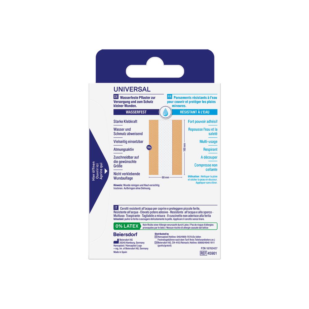 Rückseite der Hansaplast Universal Pflaster-Packung. Informationen zu Eigenschaften und Inhaltsstoffen. 0% Latex.