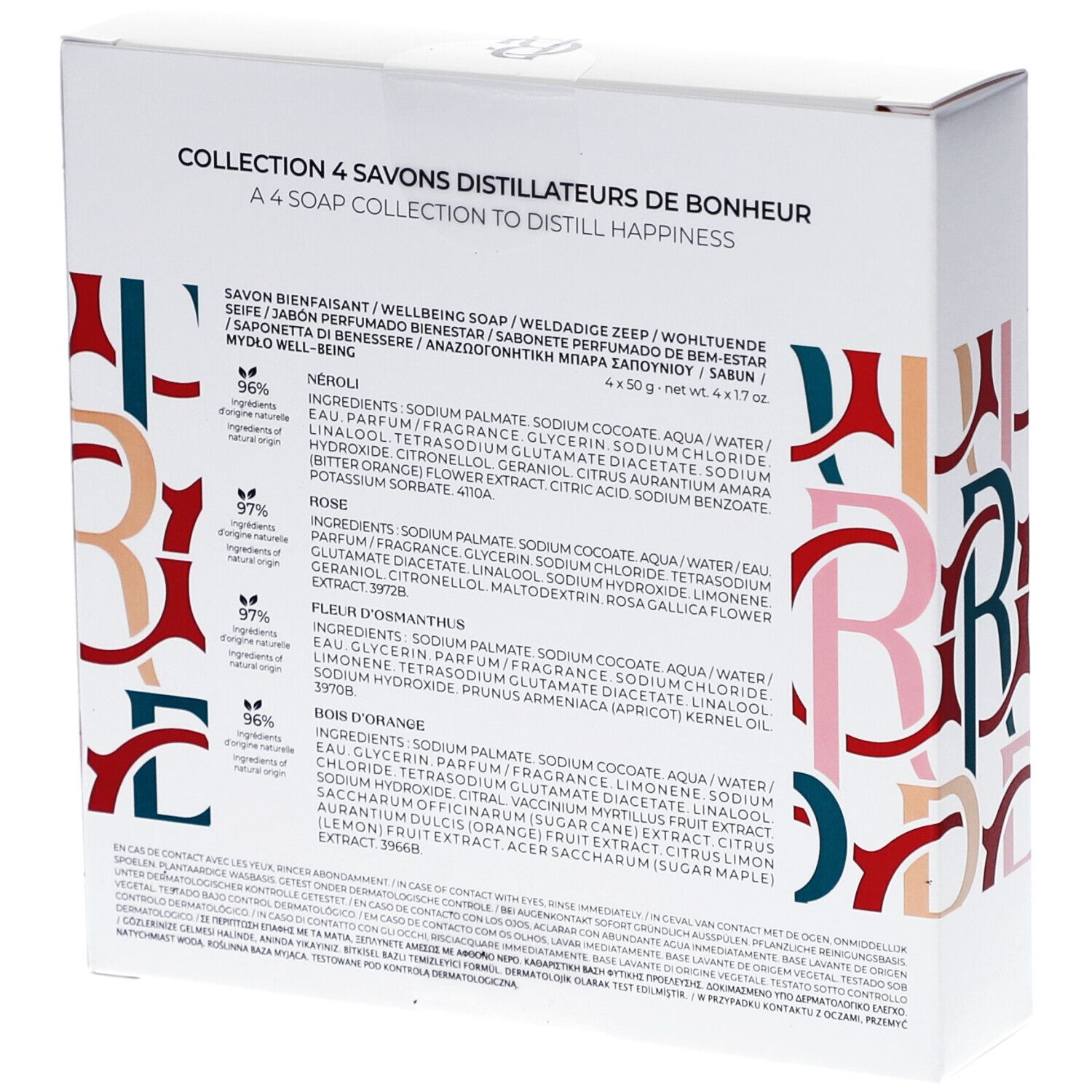 Rückseite der weißen Box. Text in mehreren Sprachen. Auflistung der Inhaltsstoffe und Informationen zum Produkt.