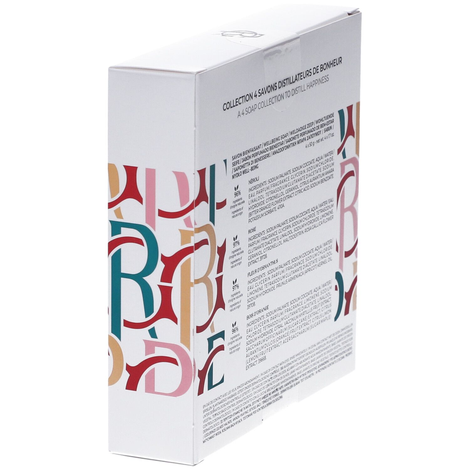Weiße Box, schräg von hinten. Text und Logo 'Roger & Gallet' auf der Verpackung. Mehrsprachiger Text.