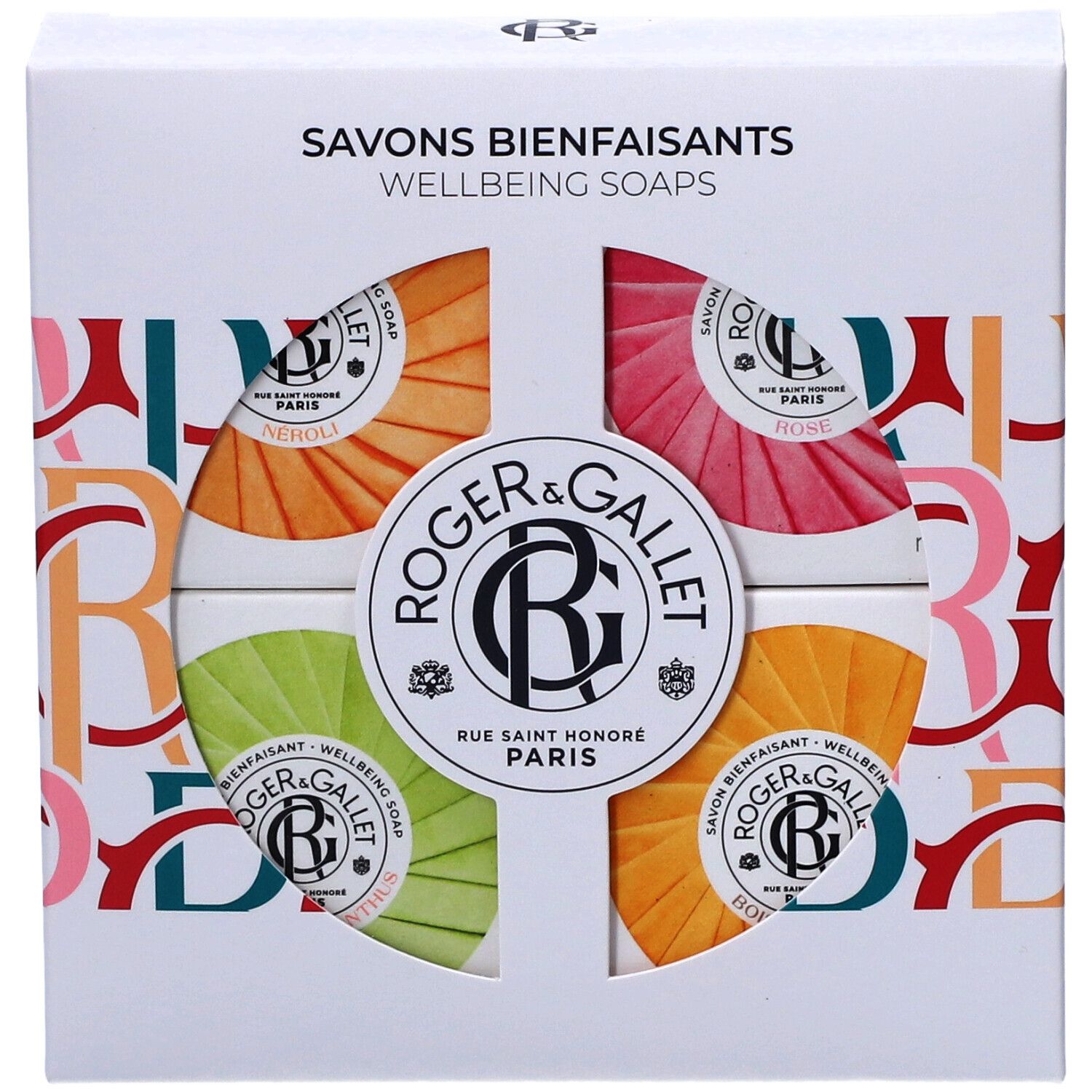 Draufsicht auf die Box mit vier Seifen. Logo 'Roger & Gallet' mittig. Seifen in verschiedenen Farben sichtbar.