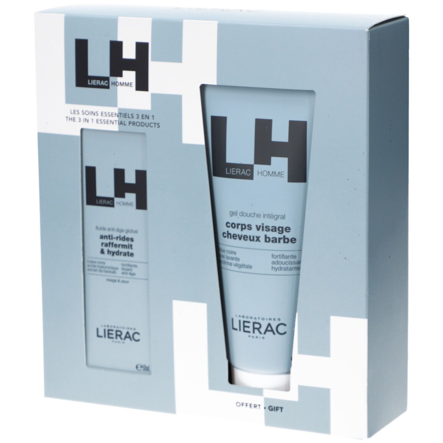 Geschenkset mit zwei Produkten: Anti-Aging Fluid und Duschgel. Hellblaue Verpackung mit Produktnamen und Logo.