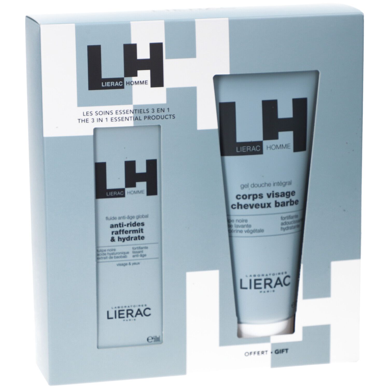 Geschenkset mit zwei Produkten: Anti-Aging Fluid und Duschgel. Hellblaue Verpackung mit Produktnamen und Logo.