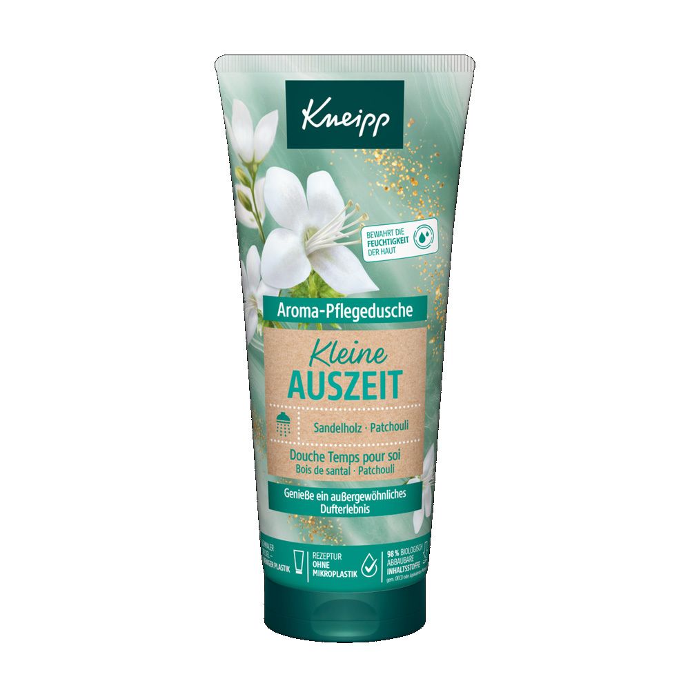 Kneipp Aroma-Pflegedusche Kleine Auszeit. Tube mit floralem Design, Schriftzug und Produktinformationen. Grün-weiß. Deckel unten.