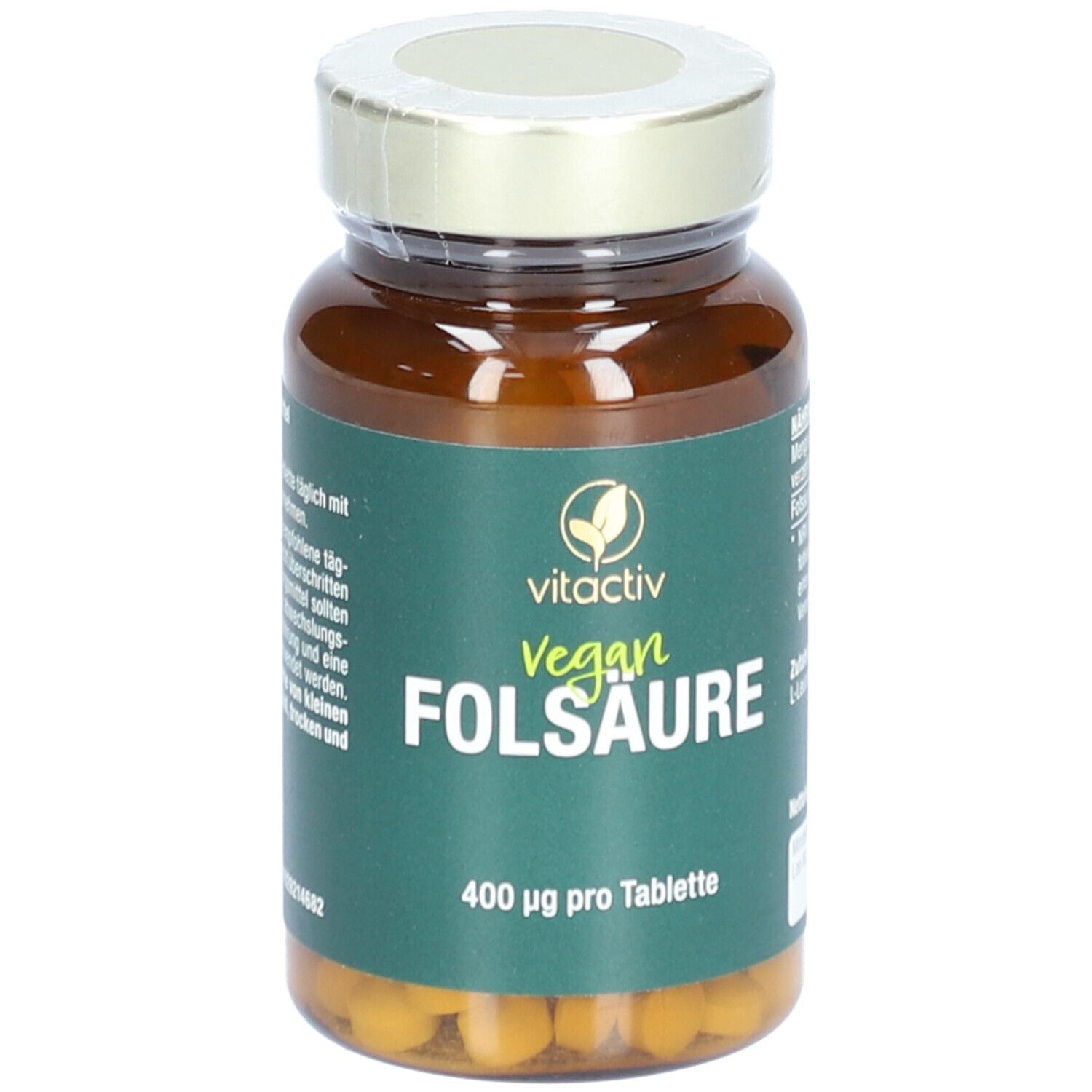 Braune Glasflasche mit grüner Etikett. Aufschrift: Vegan Folsäure 400 µg pro Tablette. Goldfarbener Deckel.