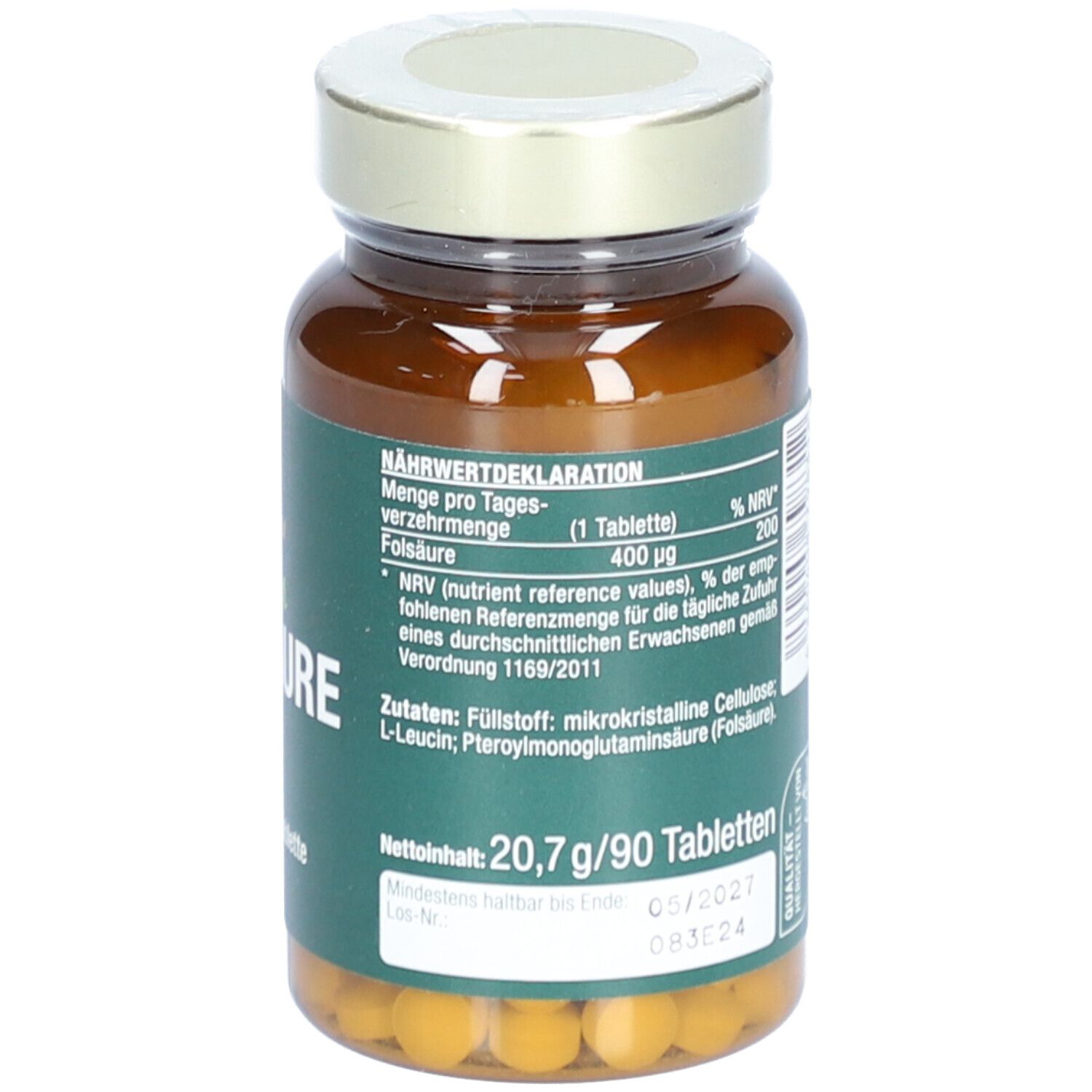 Rückseite der Flasche. Text: Nährwertdeklaration. Mindestens haltbar bis. Chargennummer.