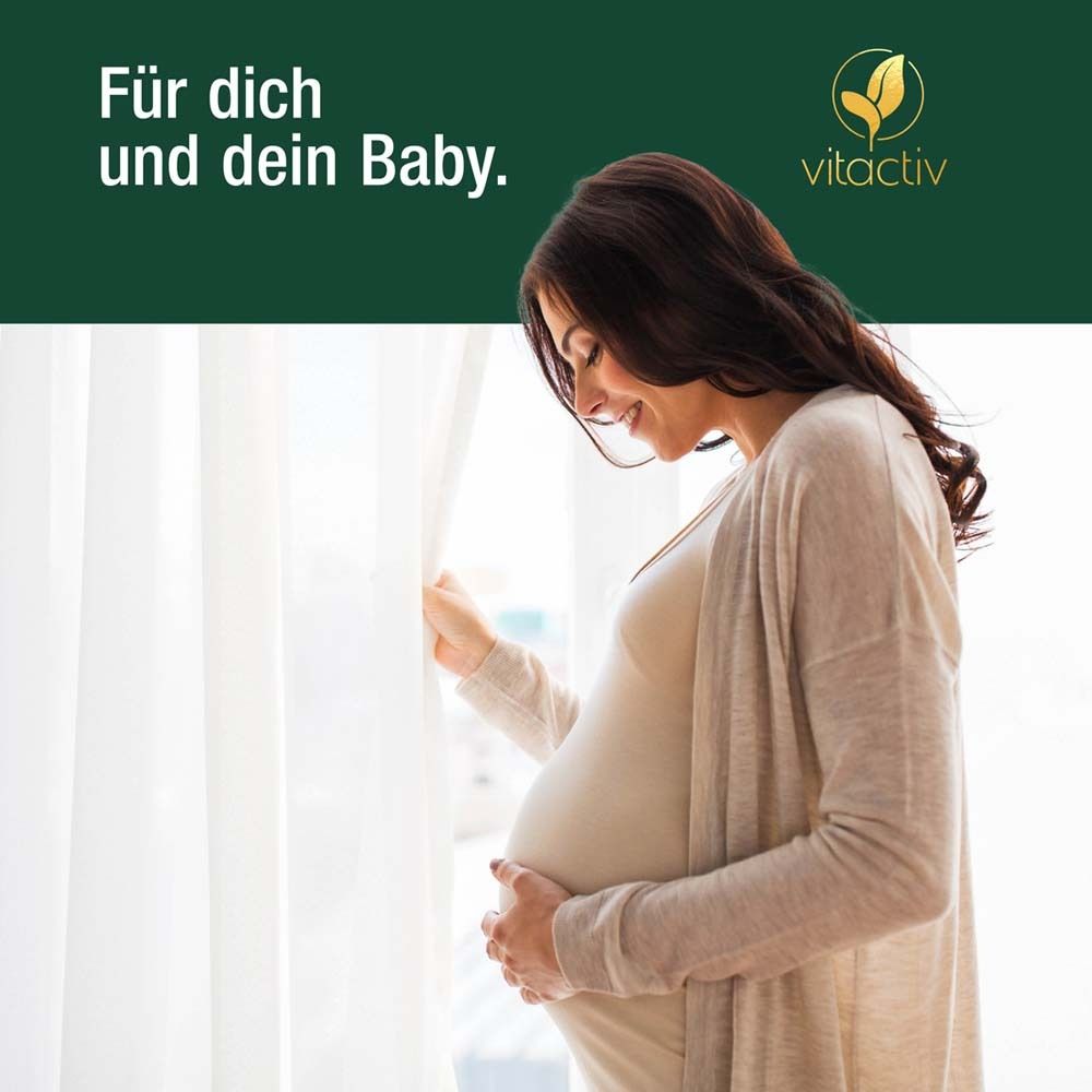Schwangere Frau am Fenster. Text: Für dich und dein Baby. Logo: vitactiv.