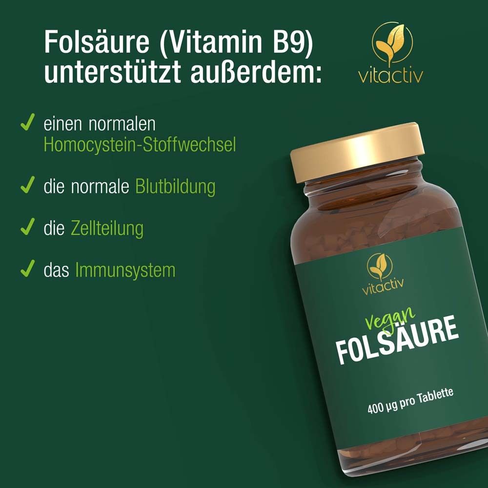 Flasche mit grüner Etikett. Text: Vegan Folsäure 400 µg pro Tablette. Logo: vitactiv.