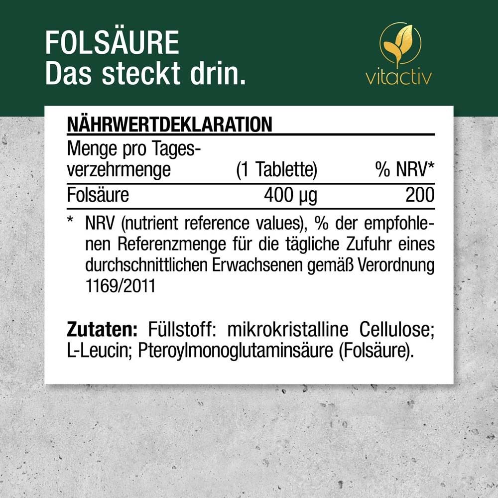 Nährwertdeklaration. Text: Folsäure 400 µg. Zutaten: mikrokristalline Cellulose, L-Leucin, Folsäure.