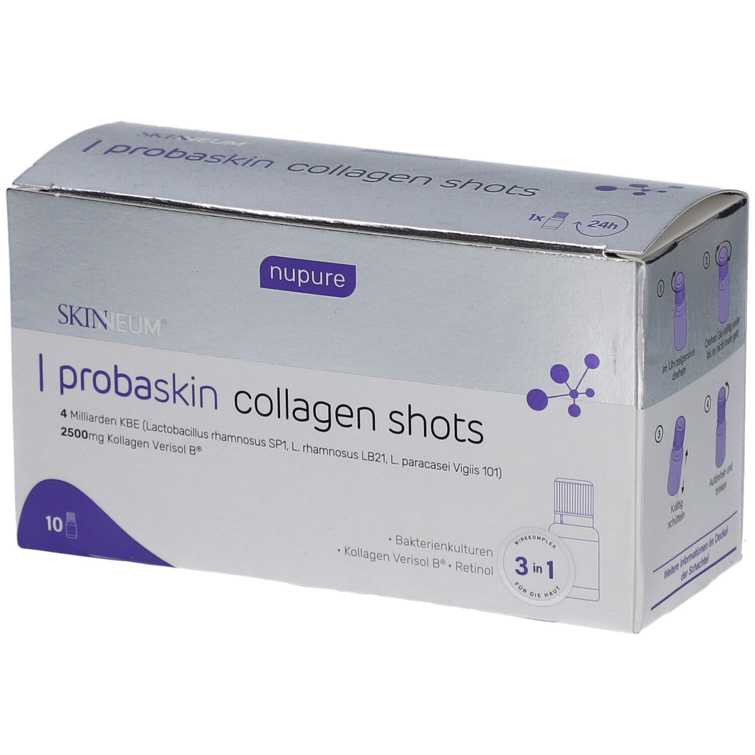 Schachtel mit 'nupure probaskin collagen shots'. 10 Shots, Bakterienkulturen, Vitamin A.
