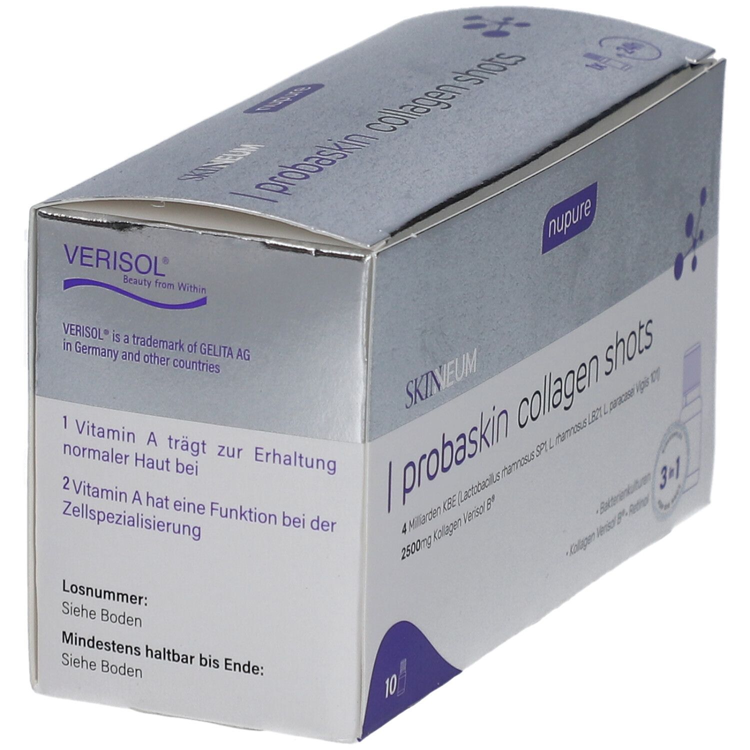 Schachtel 'nupure probaskin collagen shots'. Enthält Vitamin A. Verisol-Logo.
