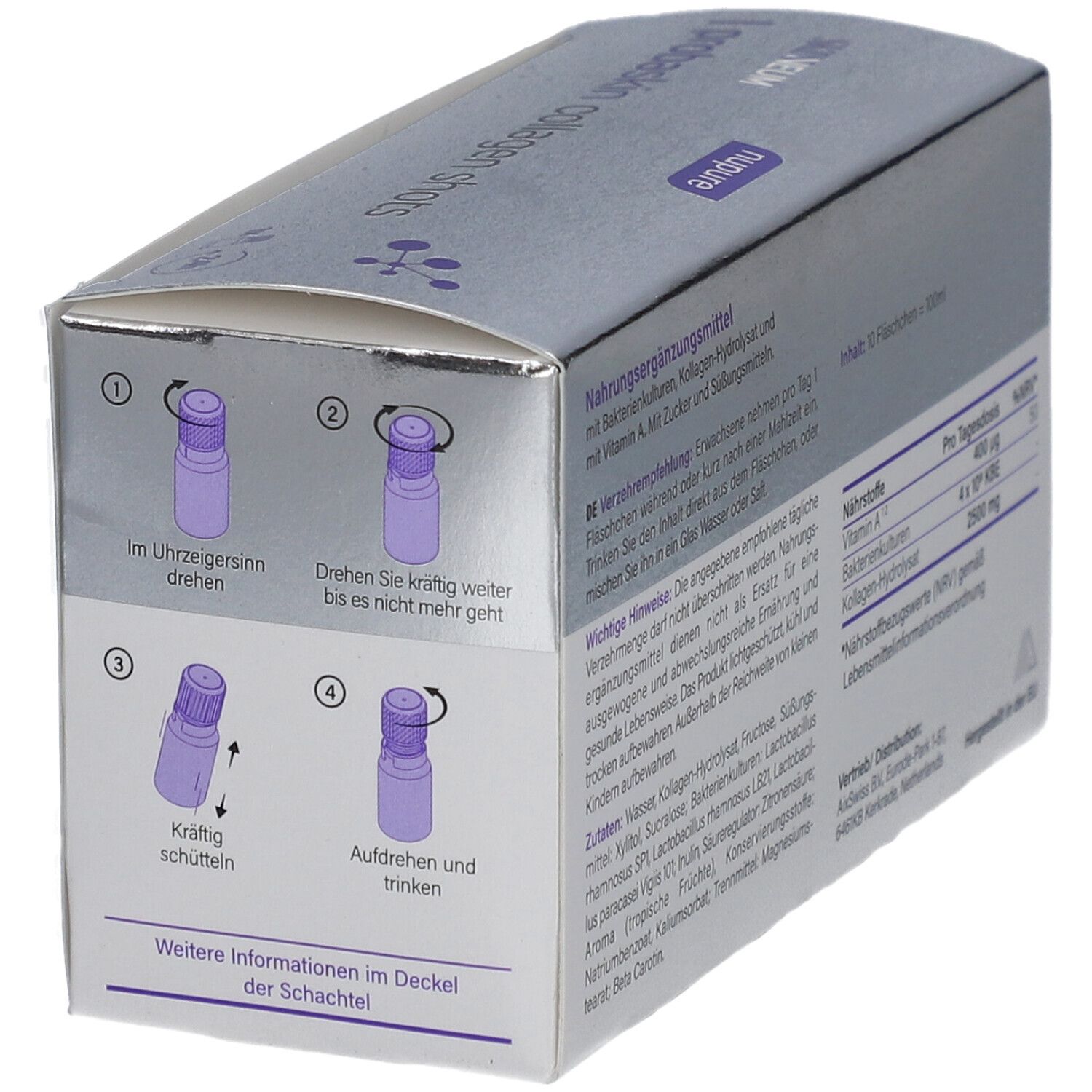 Anleitung zur Anwendung auf der Schachtel 'nupure probaskin collagen shots'.