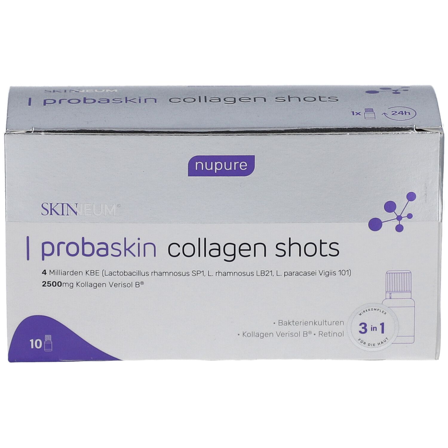 Schachtel 'nupure probaskin collagen shots'. 10 Shots, Bakterienkulturen, Vitamin A.