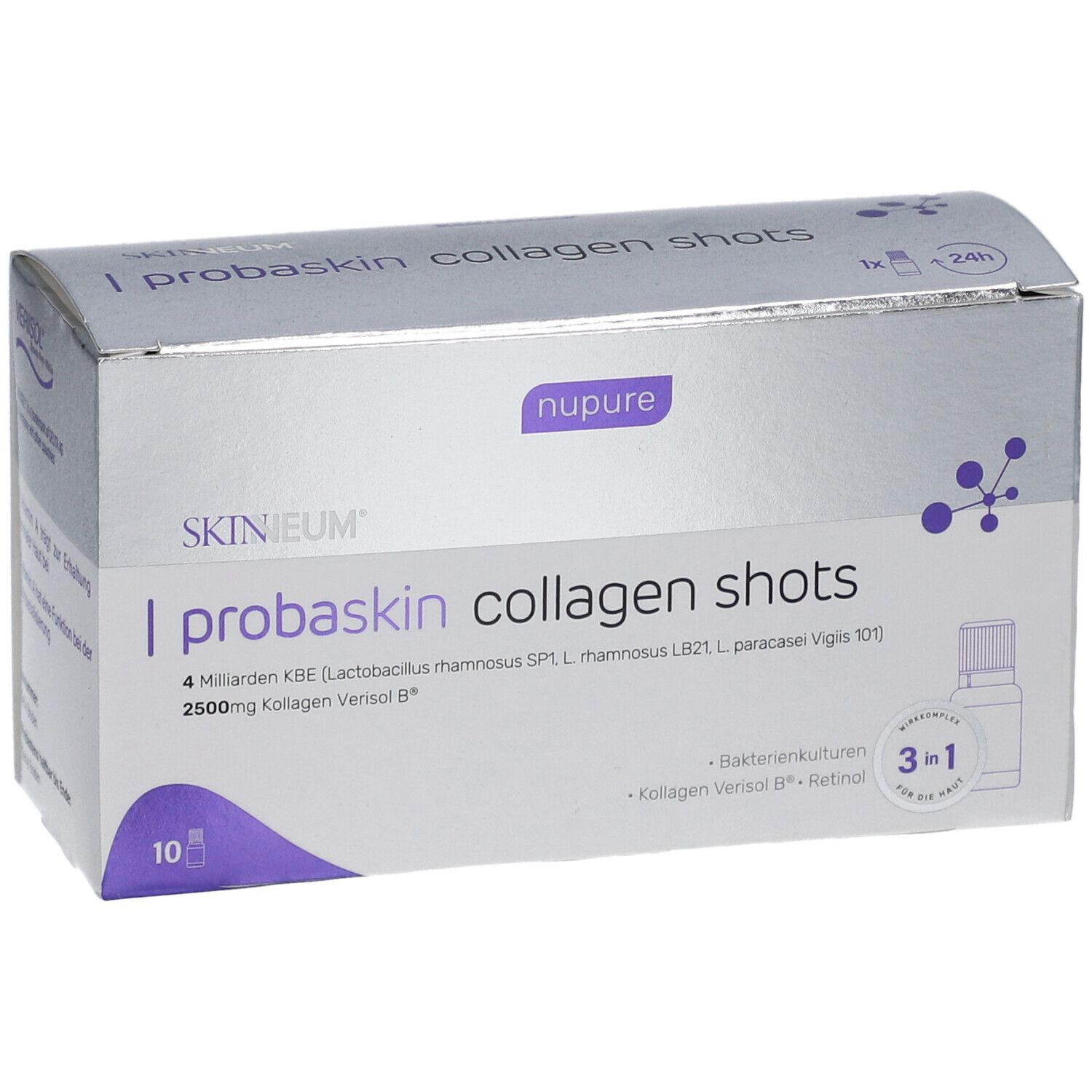 Schachtel 'nupure probaskin collagen shots'. 10 Shots, Bakterienkulturen, Vitamin A.