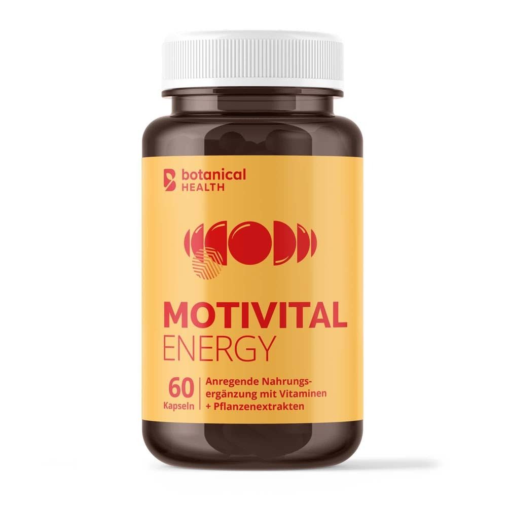 Braune Flasche mit weißen Deckel. Gelbes Etikett mit roter Schrift: MOTIVITAL ENERGY. 60 Kapseln.