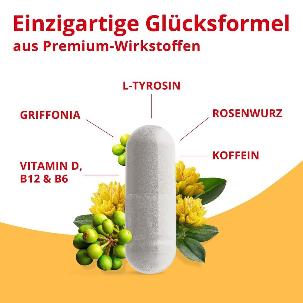 Kapsel mit Inhaltsstoffen: Griffonia, L-Tyrosin, Rosenwurz, Koffein, Vitamin D, B12 & B6. Gelbe Blüten.