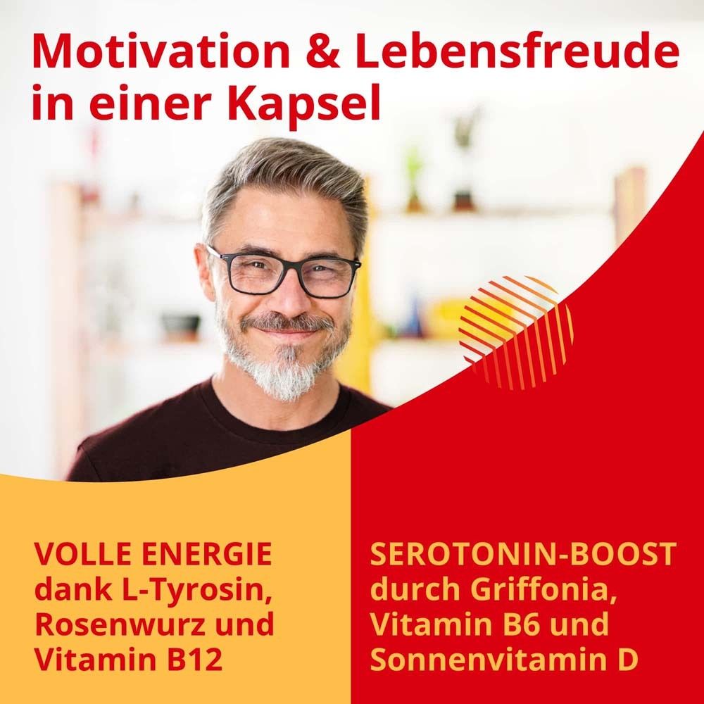 Mann mit Brille. Text: Serotonin-Boost, volle Energie. Inhaltsstoffe: L-Tyrosin, Rosenwurz, Vitamin B12.