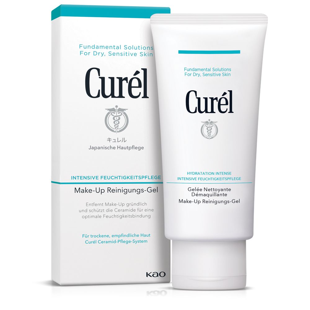 Weißer Tuben-Reinigungsgel und Karton. Aufschrift: Curél, Make-Up Reinigungs-Gel. Türkis-weiße Verpackung.