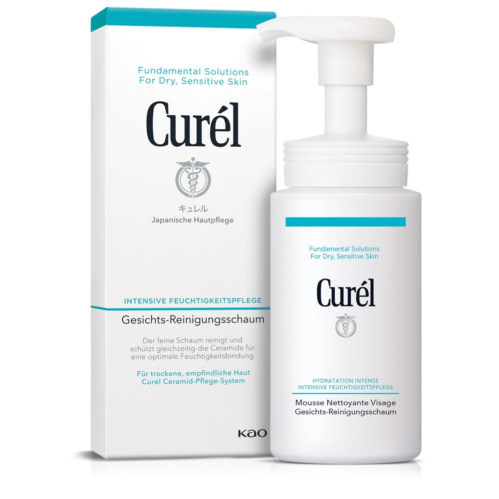 Weißer Spender mit blauem Akzent und Karton. Aufschrift: Curél, Gesichts-Reinigungsschaum. Japanische Hautpflege.