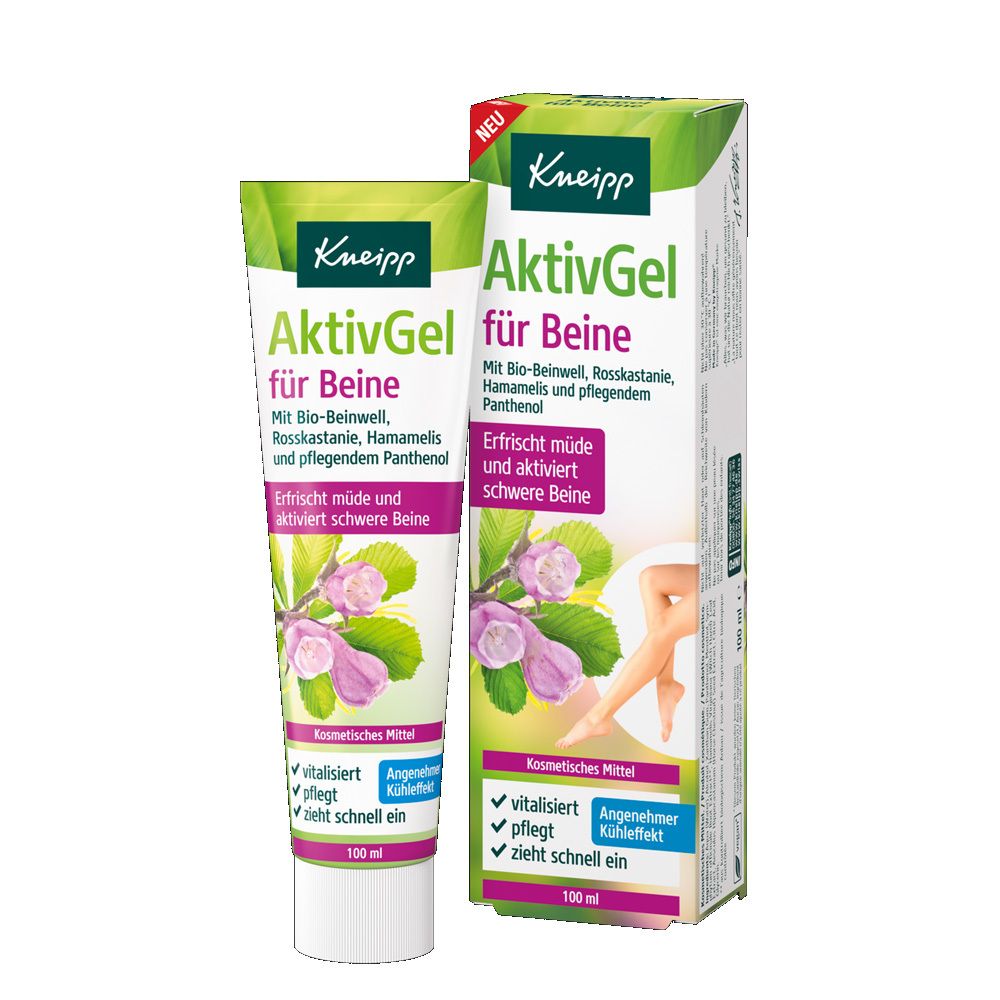 Kneipp AktivGel für Beine, Tube und Verpackung. Grün-weiß, mit floralem Design. 100 ml.