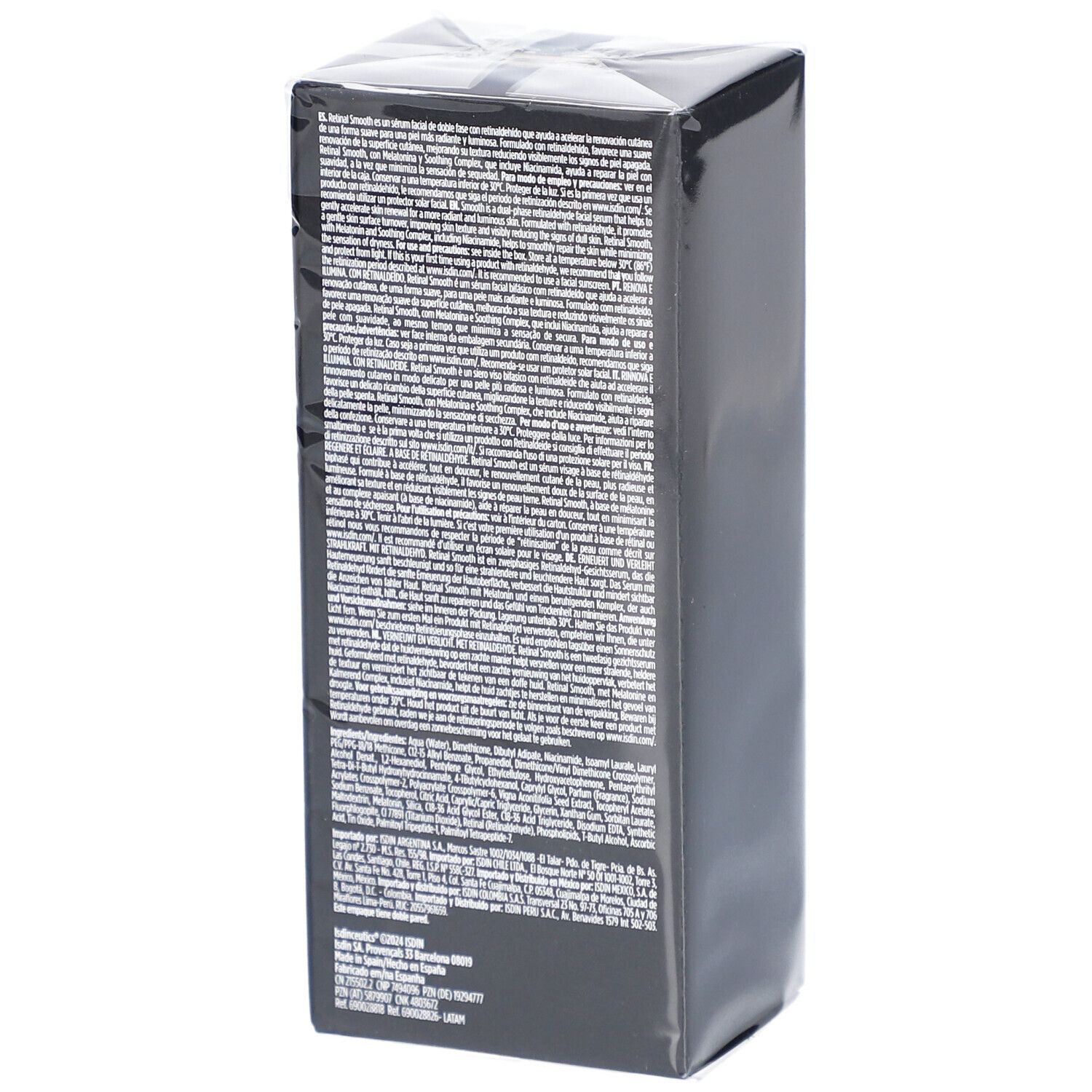Rückseite der schwarzen Verpackung von ISDIN ISDINCEUTICS Retinal Smooth Serum. Text in mehreren Sprachen.