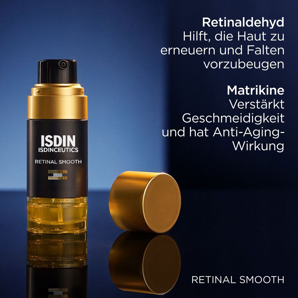 Serumflakon mit goldfarbenem Deckel. Text über Retinaldehyd und Anti-Aging-Wirkung.