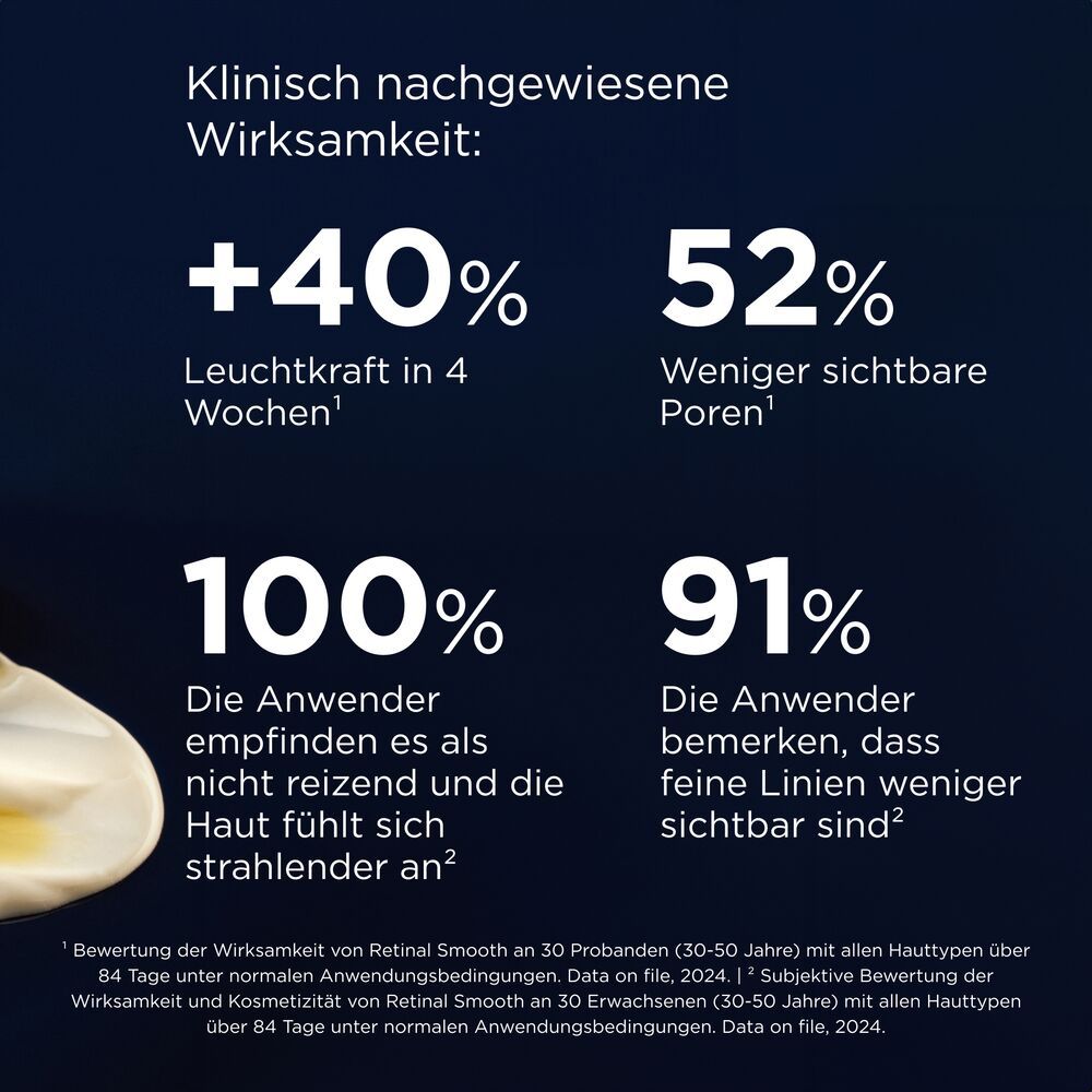 Text mit klinisch nachgewiesener Wirksamkeit. Prozentangaben zu Leuchtkraft und Poren.