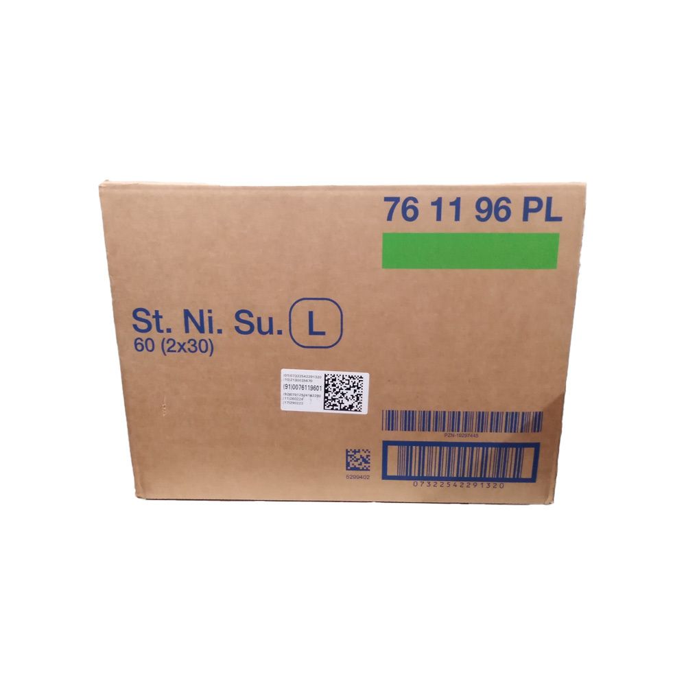 Karton mit Aufdruck 'St. Ni. Su. L', 60 (2x30) Stück. Grösse L.