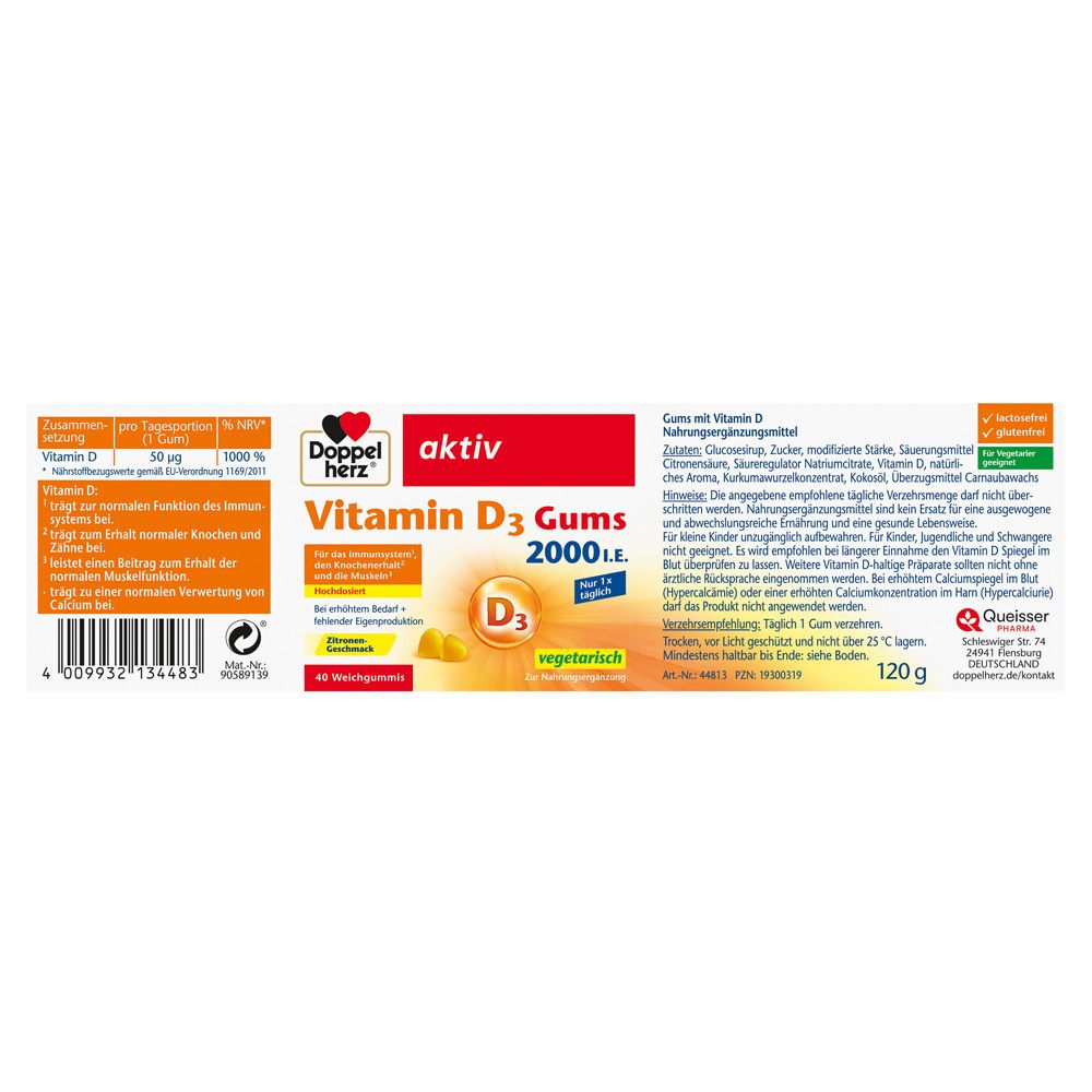 Rückseite der Flasche. Aufschrift: Doppelherz aktiv Vitamin D3 2000 I.E. Gums. Inhaltsstoffe, Nährwertangaben. 120g. Geeignet für Vegetarier.
