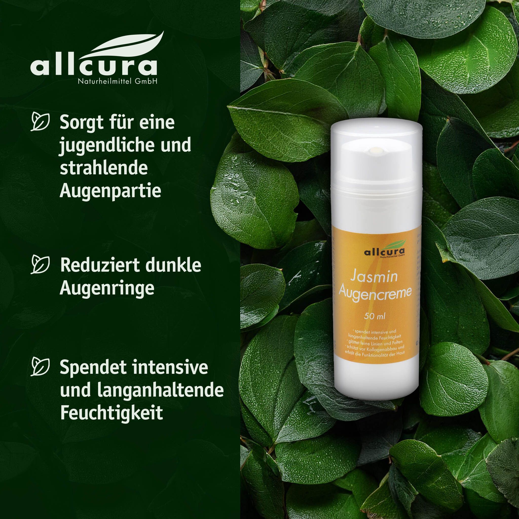 Weiße Flasche allcura Jasmin Augencreme. Text: Reduziert Augenringe. Grüne Blätter im Hintergrund.