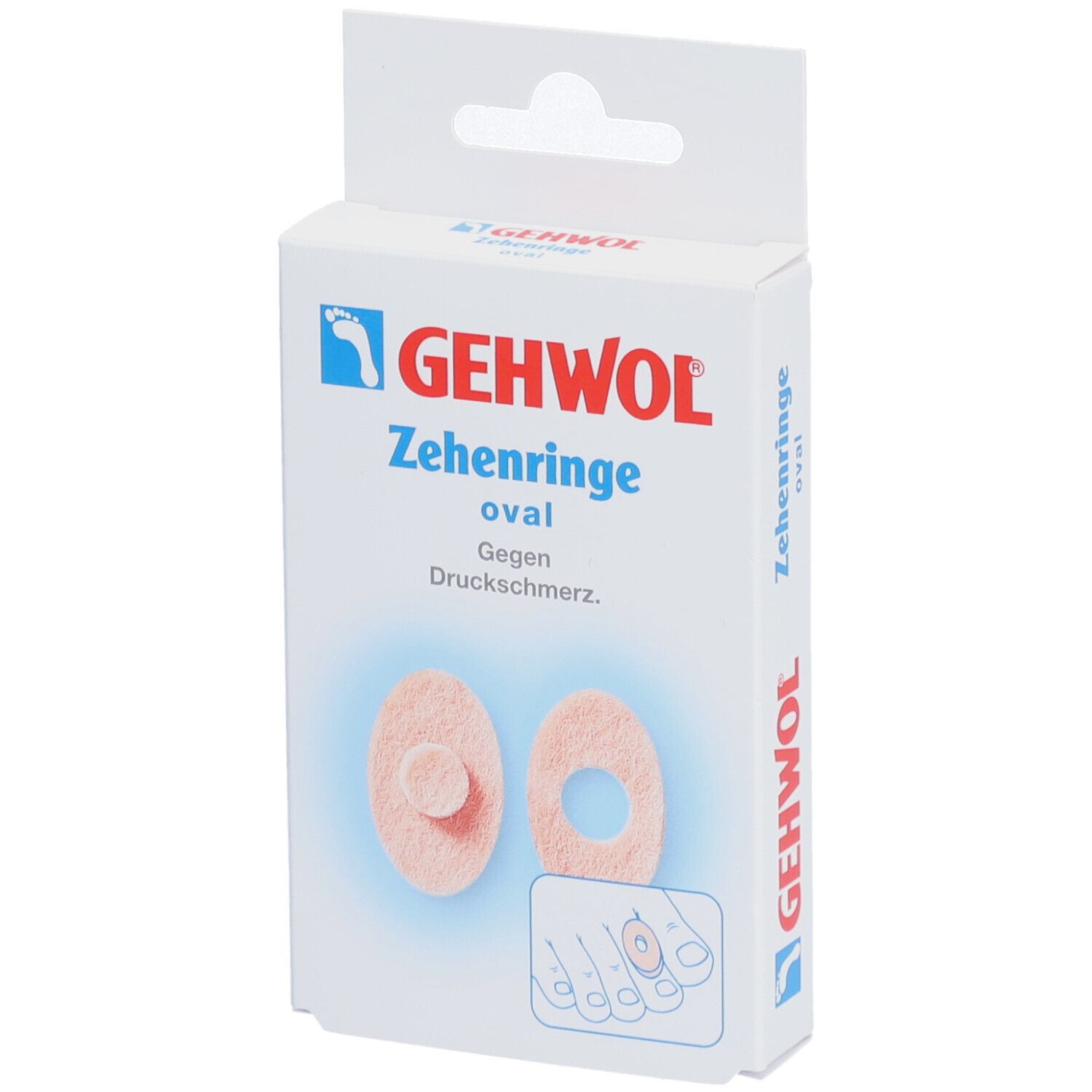Verpackung mit GEHWOL Zehenringe oval. Zwei ovale, rosafarbene Ringe mit einem zentralen, erhöhten Teil. Gegen Druckschmerz.