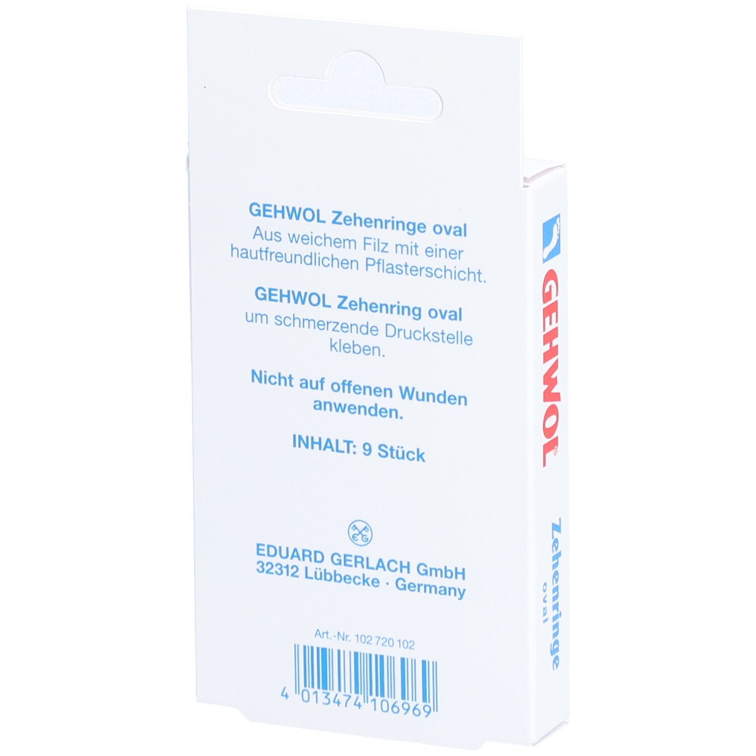 Rückseite der Verpackung von GEHWOL Zehenringe oval. Textinformationen und Inhaltsangabe: 9 Stück. Herstelleradresse.