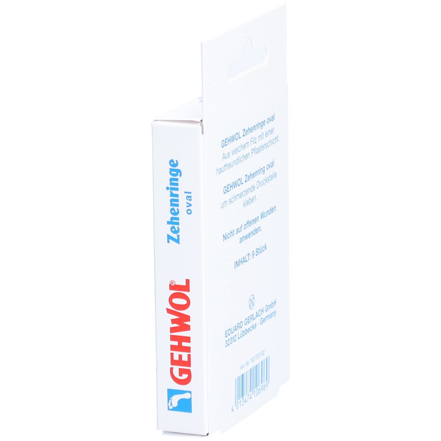 Seitenansicht der Verpackung von GEHWOL Zehenringe oval. Textinformationen und Herstelleradresse. Produktverpackung mit Aufhänger.