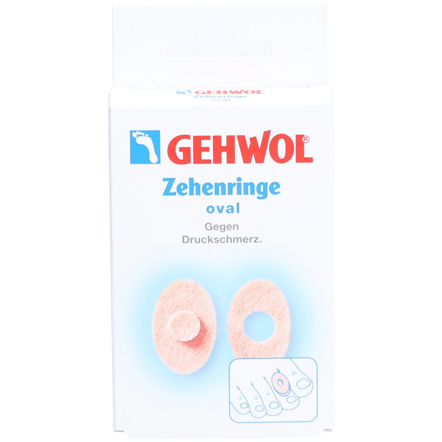 Verpackung mit GEHWOL Zehenringe oval. Zwei ovale, rosafarbene Ringe mit einem zentralen, erhöhten Teil. Gegen Druckschmerz.