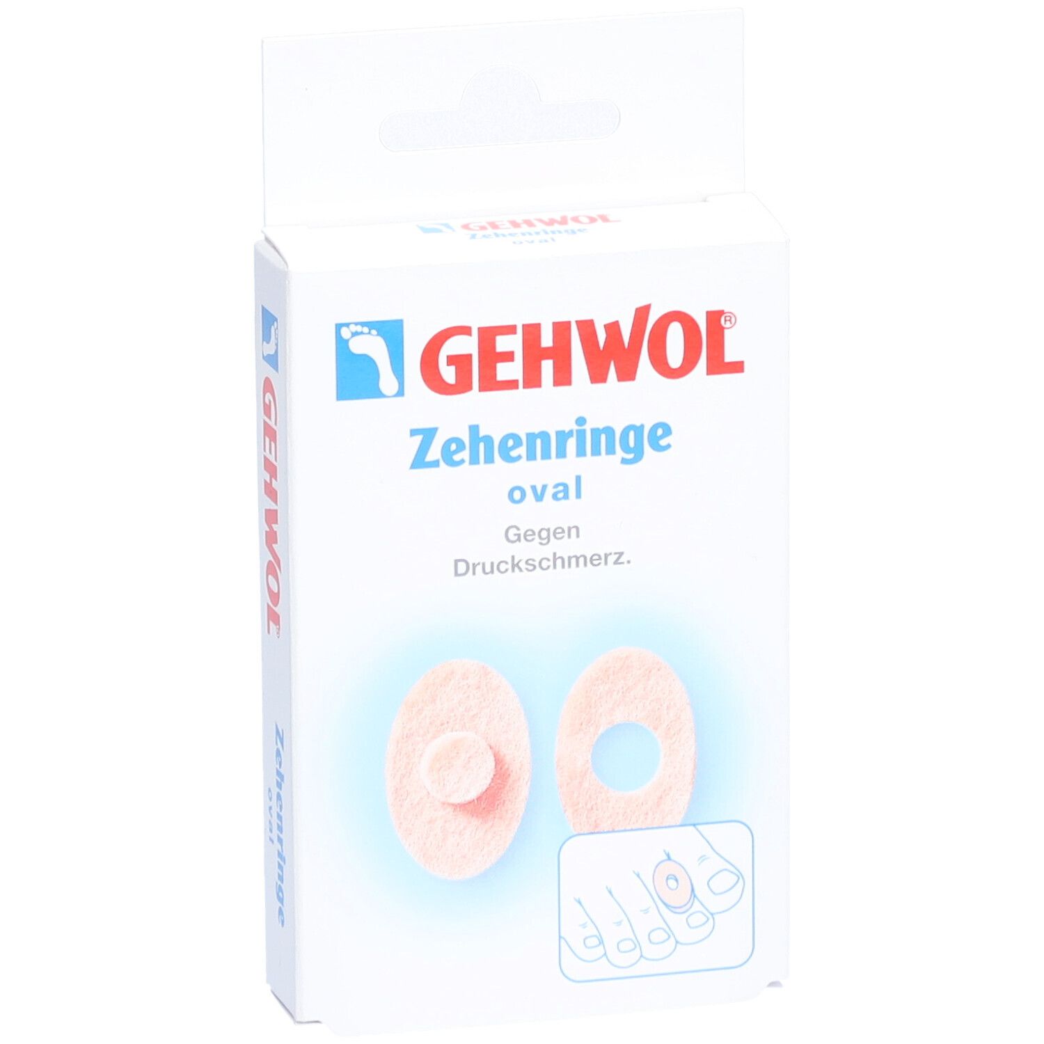 Verpackung mit GEHWOL Zehenringe oval. Zwei ovale, rosafarbene Ringe mit einem zentralen, erhöhten Teil. Gegen Druckschmerz.