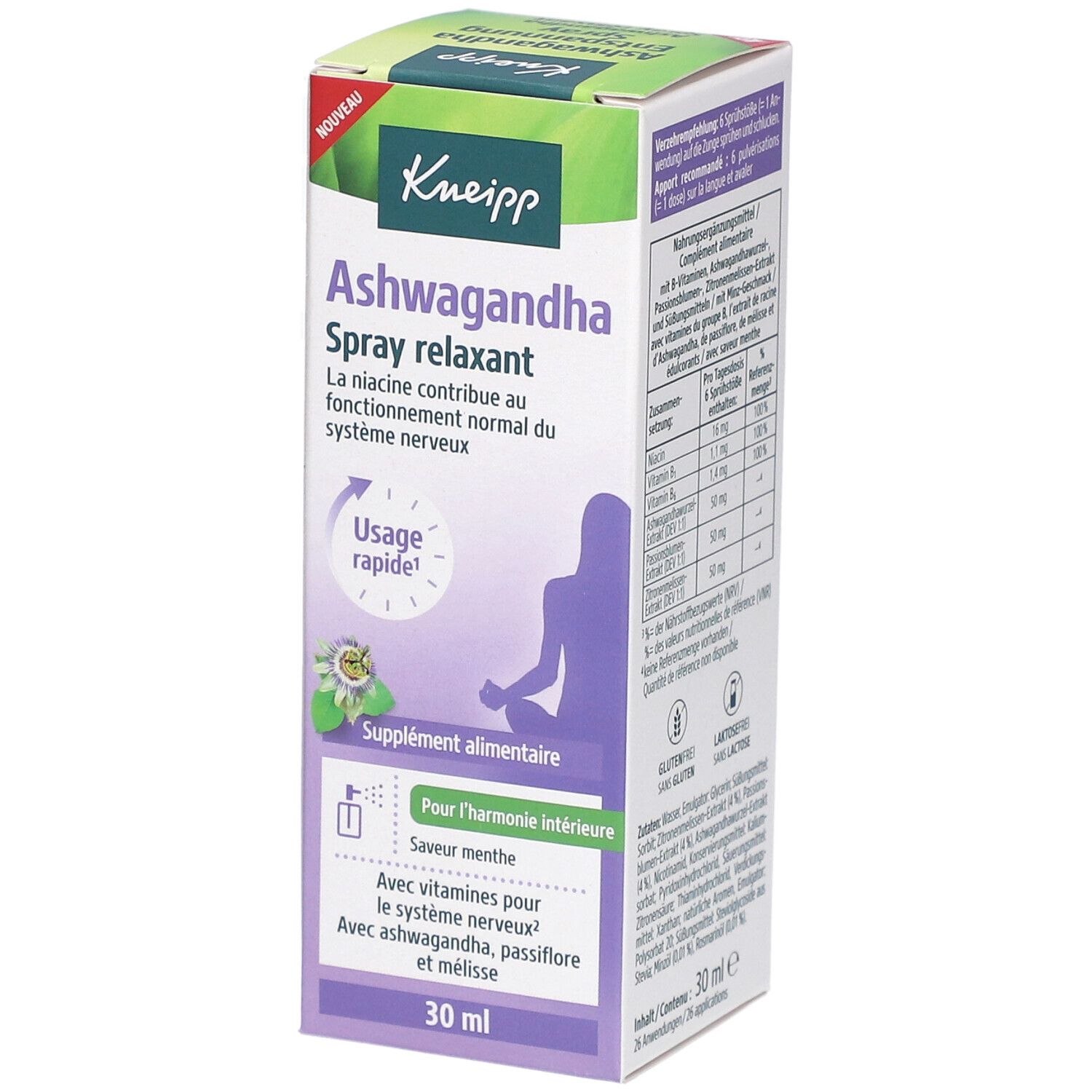 Kneipp Ashwagandha Spray relaxant. Grün-weiß-lila Verpackung. Text: "Spray relaxant", "Usage rapide". 30 ml.