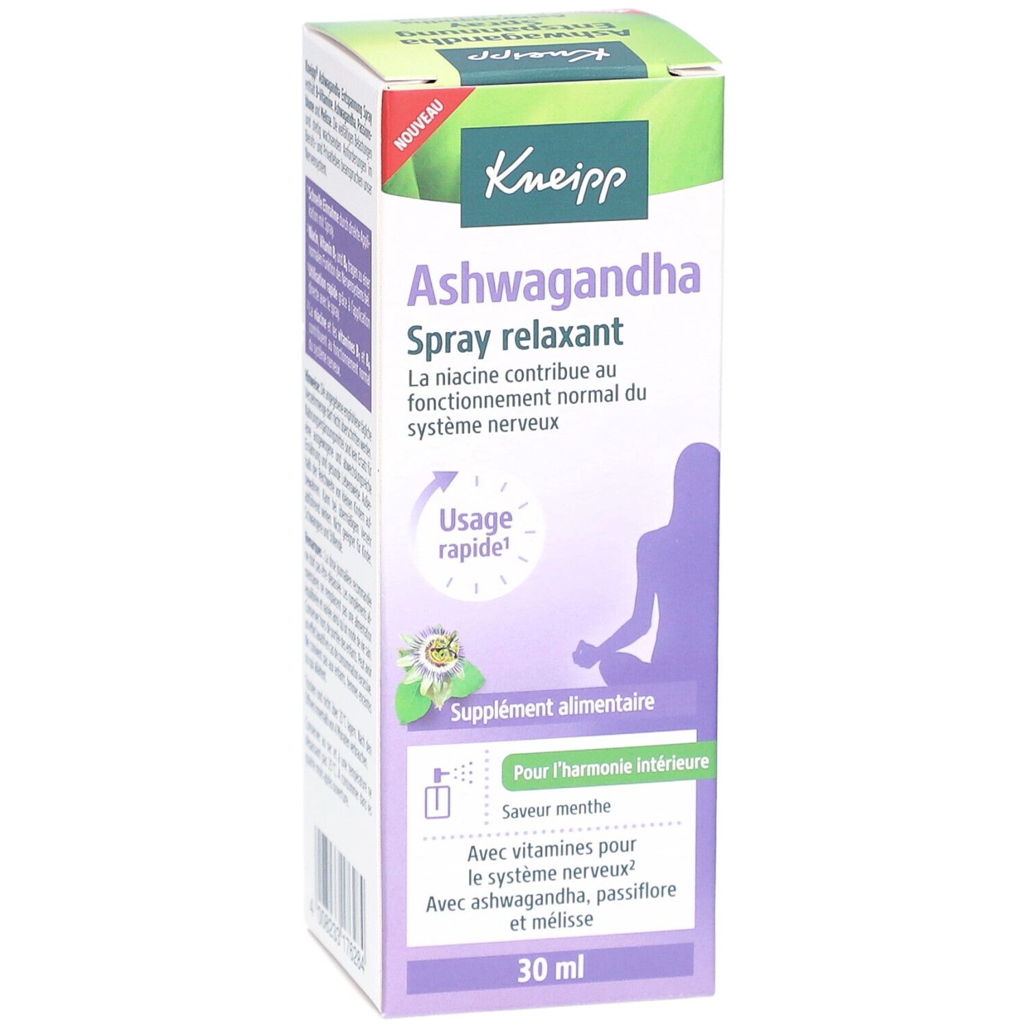 Kneipp Ashwagandha Spray relaxant. Grün-weiß-lila Verpackung. Text: "Spray relaxant", "Usage rapide". 30 ml.