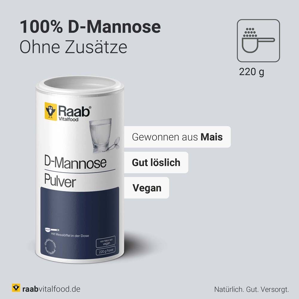 Dose D-Mannose Pulver, 100% D-Mannose, ohne Zusätze. Text: Gewonnen aus Mais, Gut löslich, Vegan.