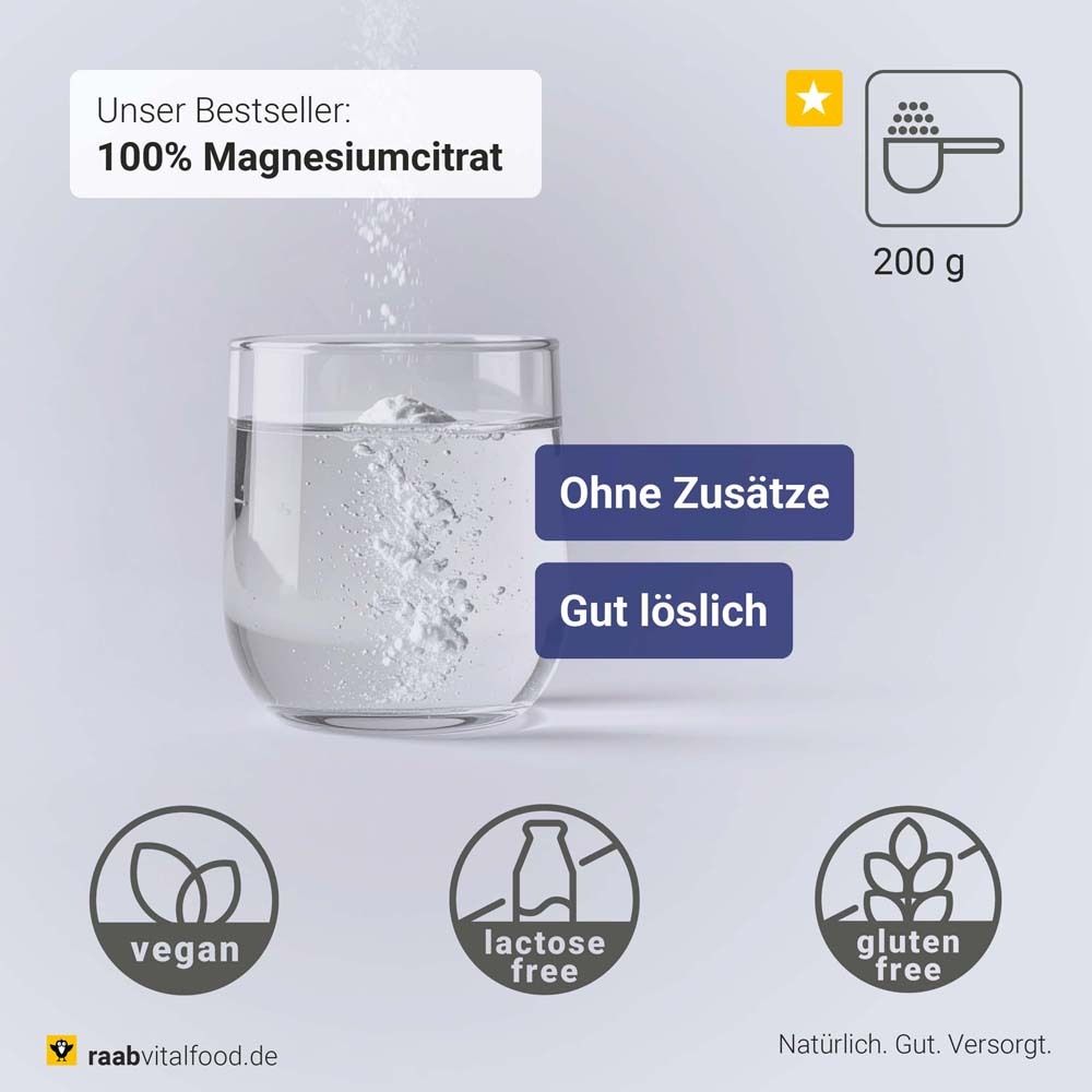 Magnesiumcitrat-Pulver in Glas. Text: 100% Magnesiumcitrat. Ohne Zusätze, gut löslich. Vegan, laktosefrei, glutenfrei.
