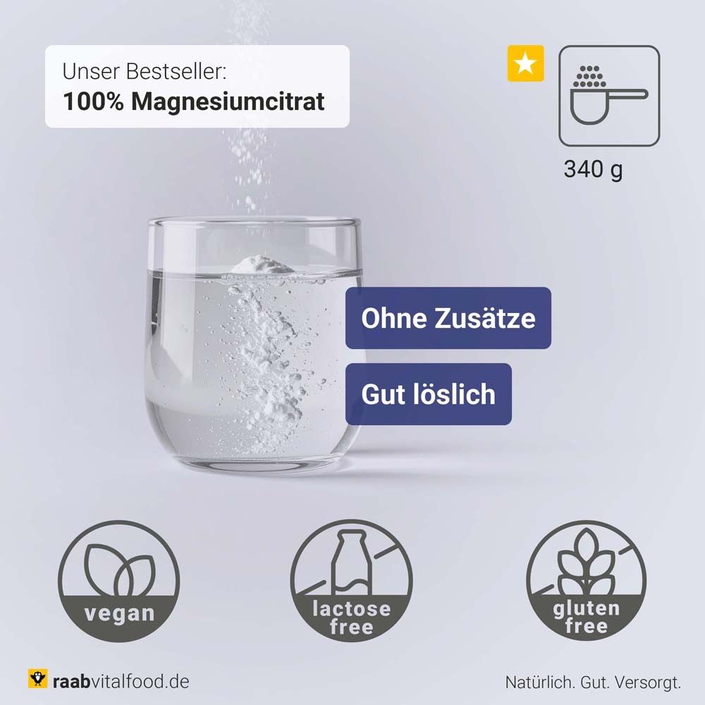Produktabbildung mit Text: 100% Magnesiumcitrat. Ohne Zusätze, gut löslich. Vegan, laktosefrei, glutenfrei. 340 g.