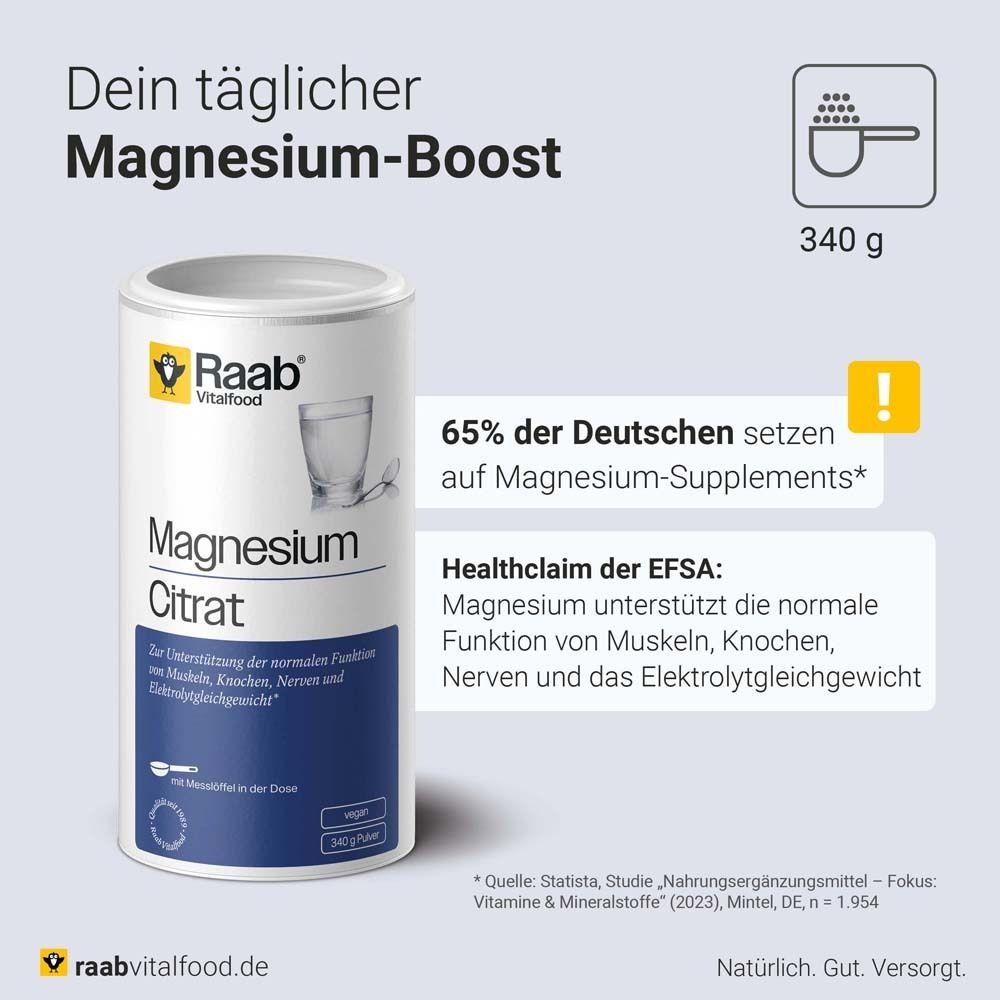 Produktabbildung mit Text: Dein täglicher Magnesium-Boost. Raab Magnesiumcitrat. 340 g. Vegan. Healthclaim der EFSA.