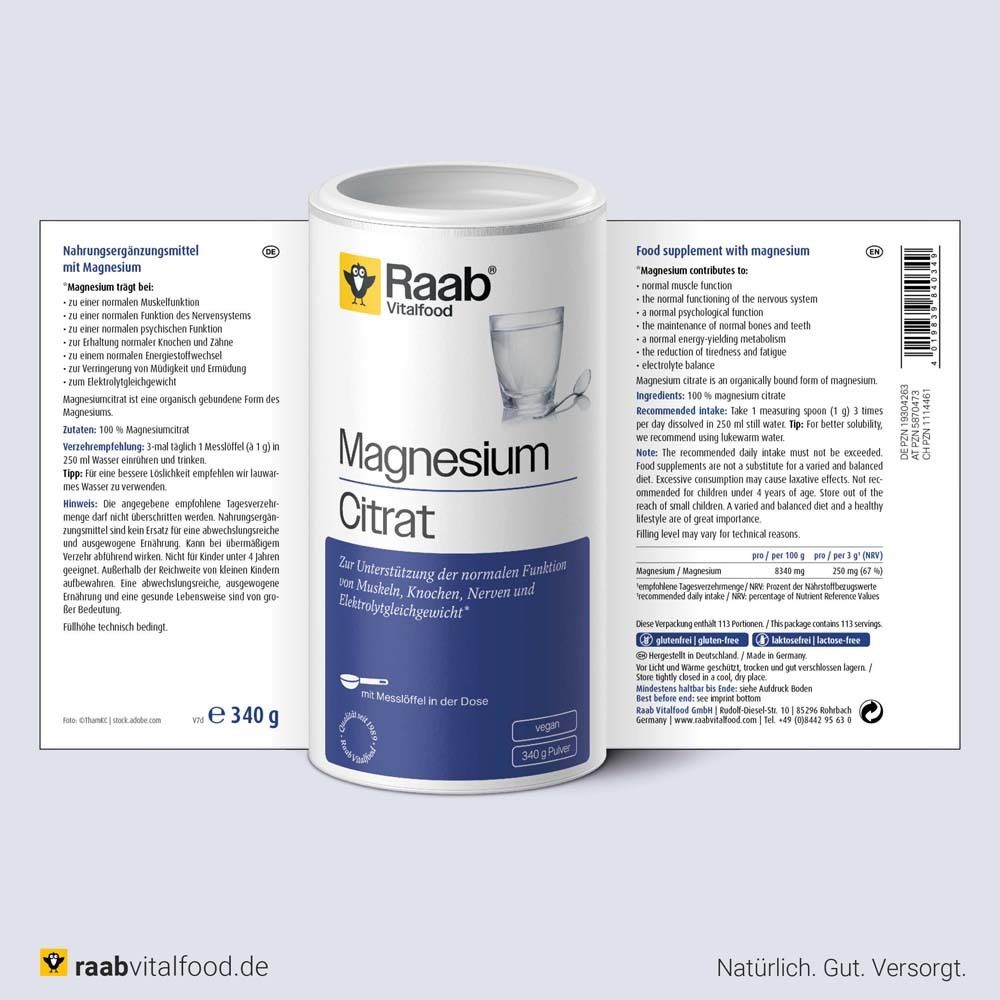 Raab Magnesiumcitrat Pulver Dose mit geöffneter Verpackung. Text und Informationen zum Produkt. 340 g.
