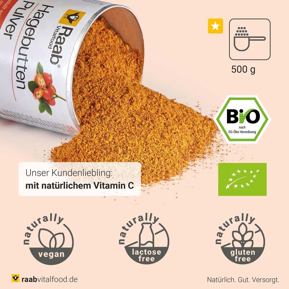 Geöffnete Dose Raab Vitalfood® Hagebutten Pulver. Bio-Qualität. Vegan, laktose- und glutenfrei. 500g.