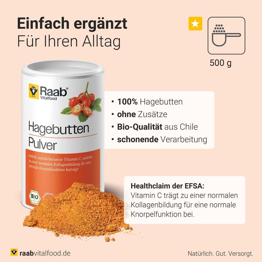 Dose Raab Vitalfood® Hagebutten Pulver und Pulver daneben. Enthält Vitamin C. Bio-Qualität. 500g.
