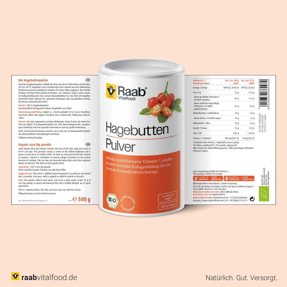 Dose Raab Vitalfood® Hagebutten Pulver. Produktinformationen und Nährwertangaben. 500g. Bio-Qualität.